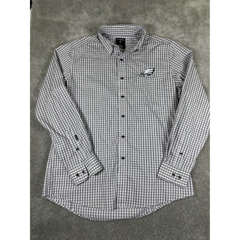 Antigua Philadelphia Eagles Mens Large Gingham Button Down Shirt Grey White NFL